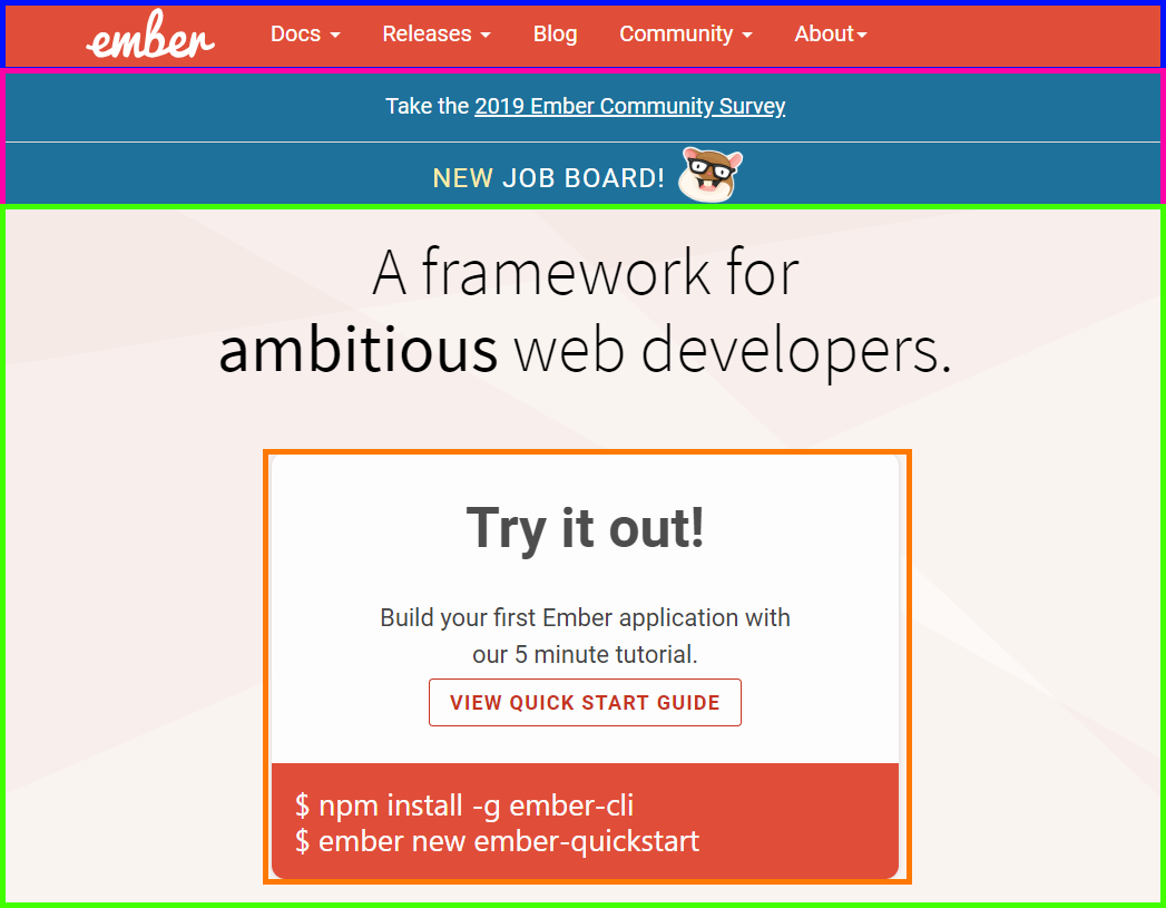 Ember’s landing page separated to several parts